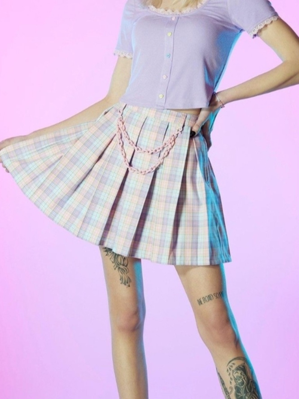 Sweet society Pastel Plaid Pleated Mini Skirt with pink chain accessory